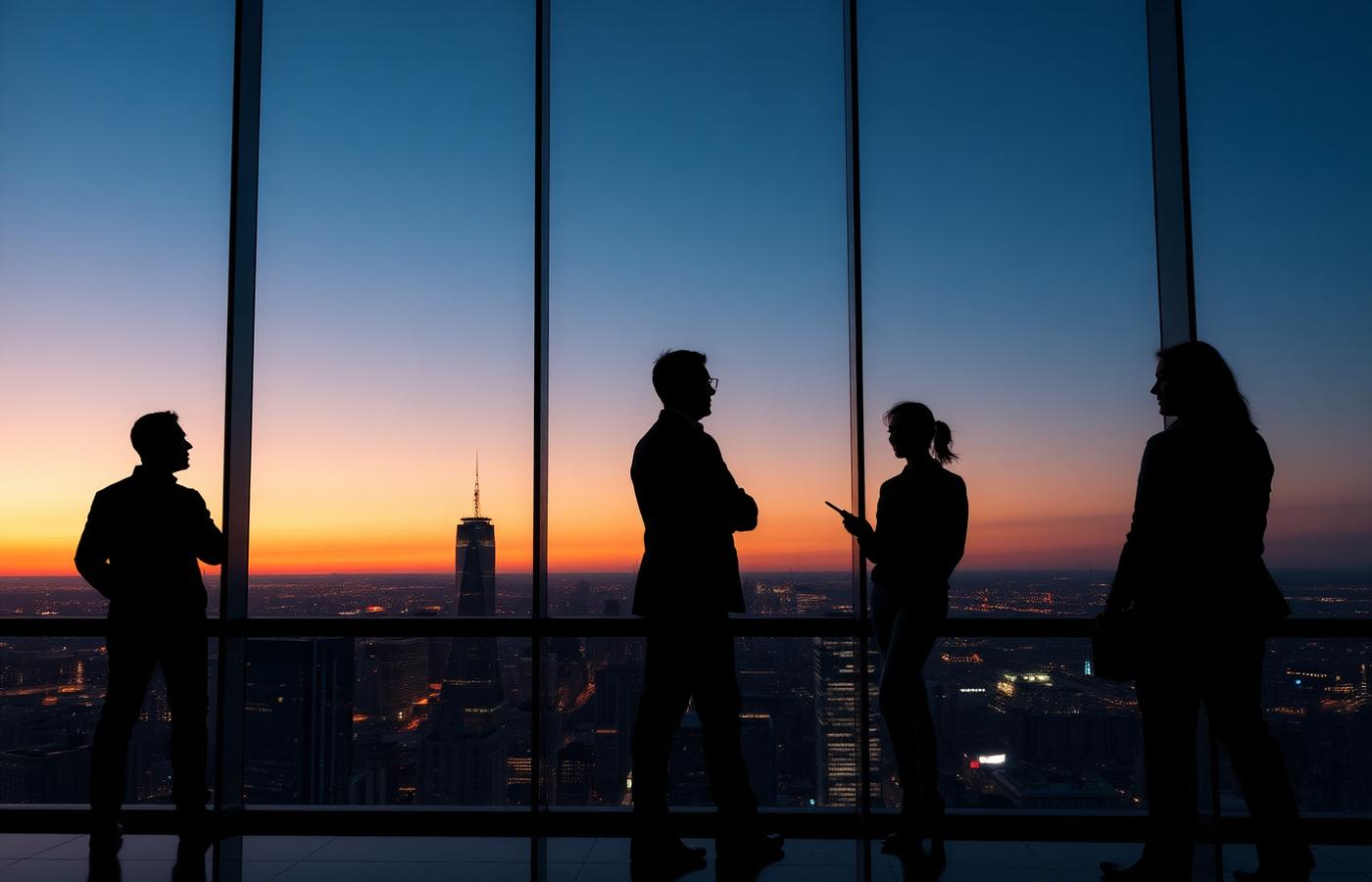 Business leaders overlooking a city skyline at dusk