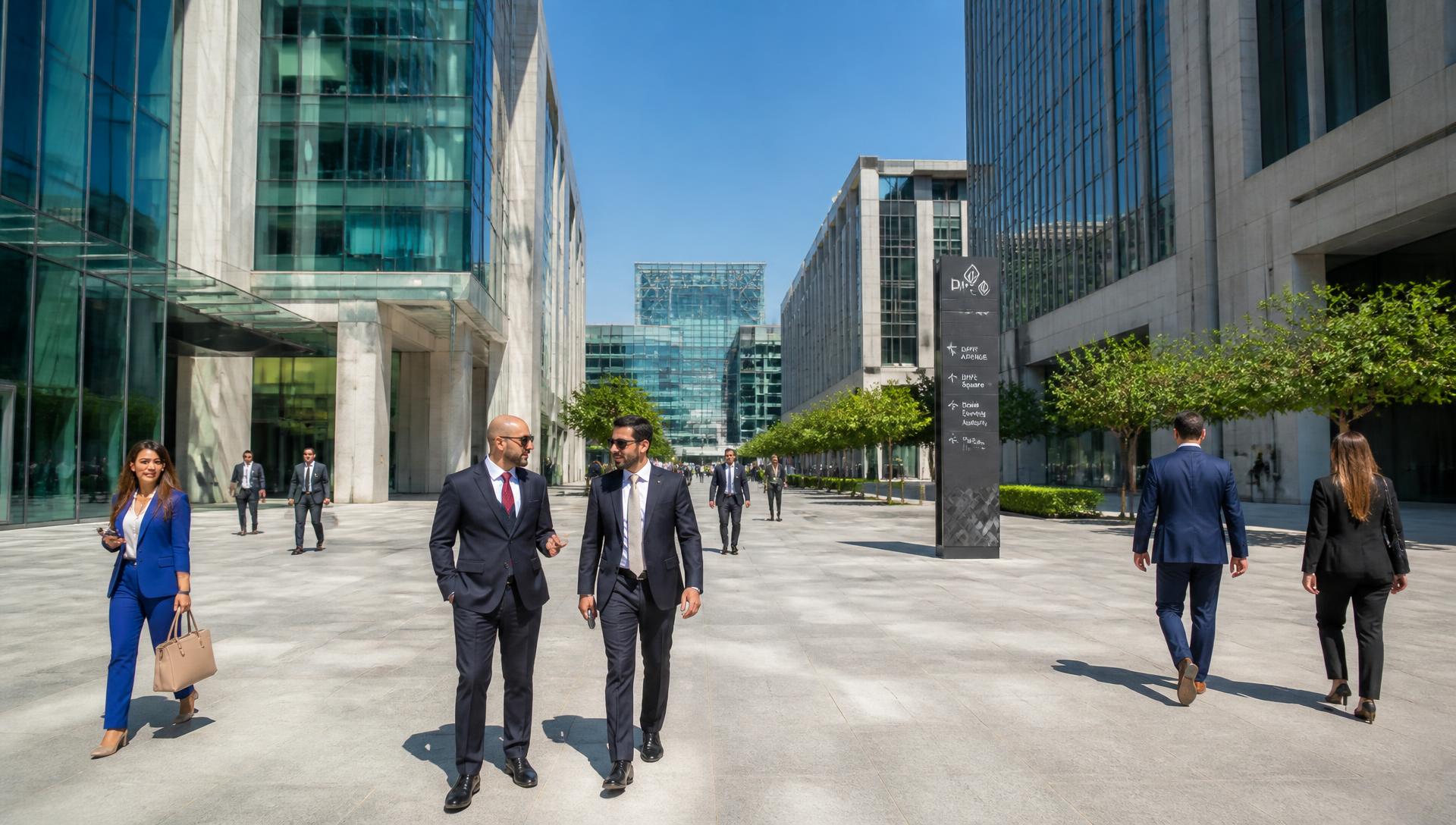 International business professionals walking through the Dubai International Financial Centre in bright daylight