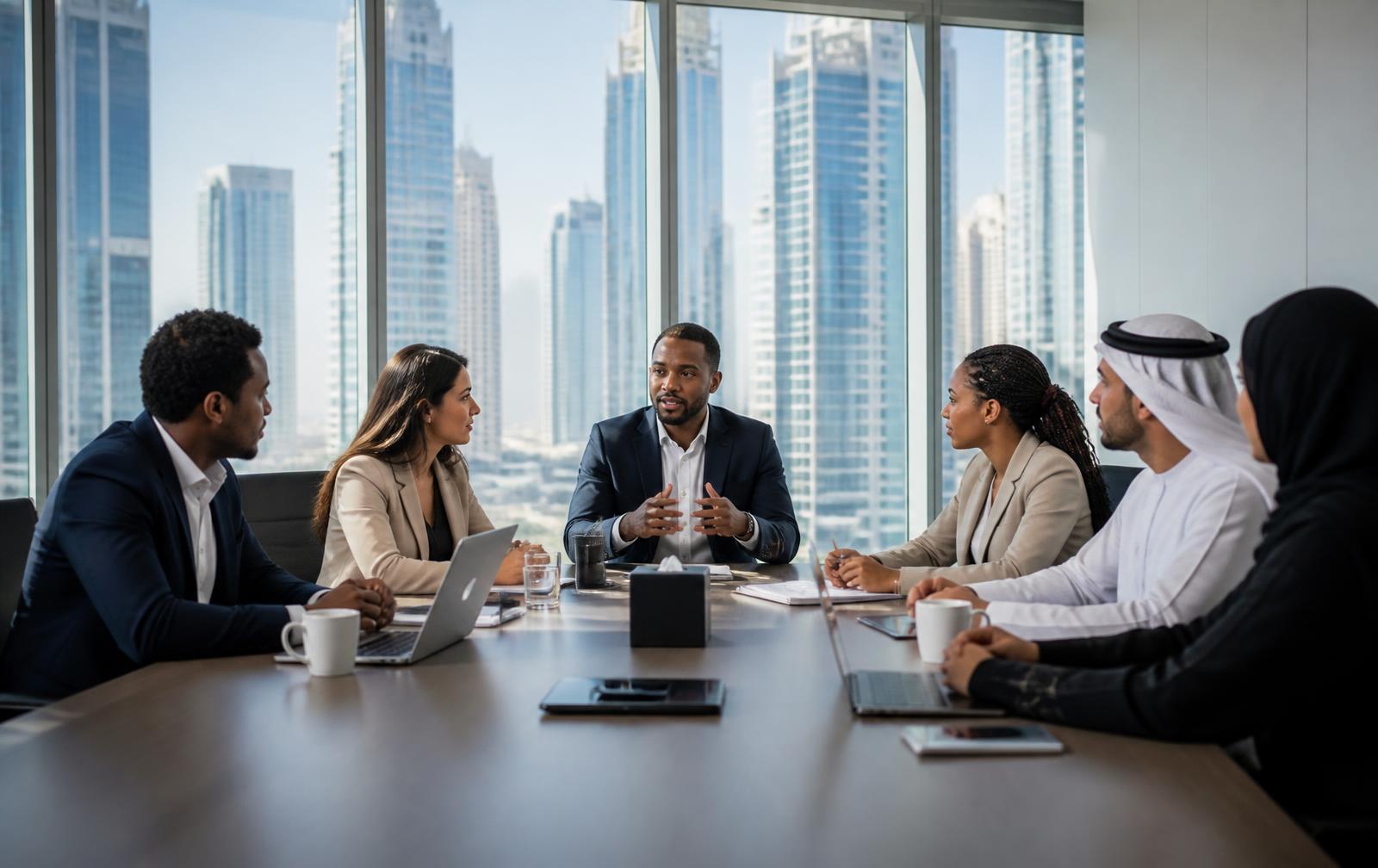 International business team meeting in a modern Dubai office in daylight