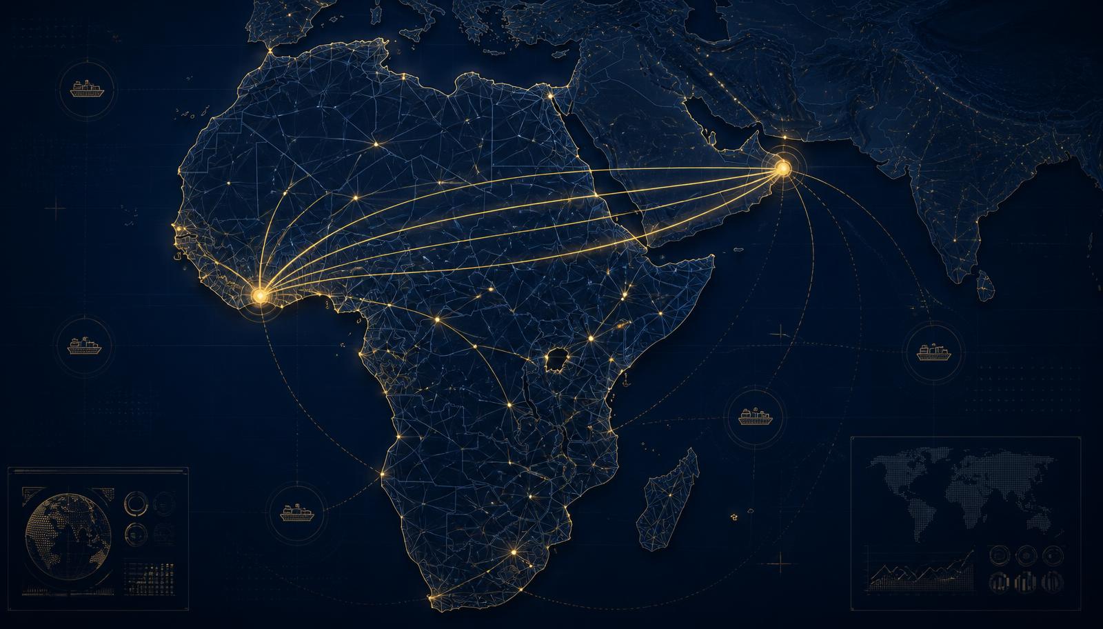 Abstract data visualisation of Africa as a connected network with trade links to the Gulf — illustrative editorial image