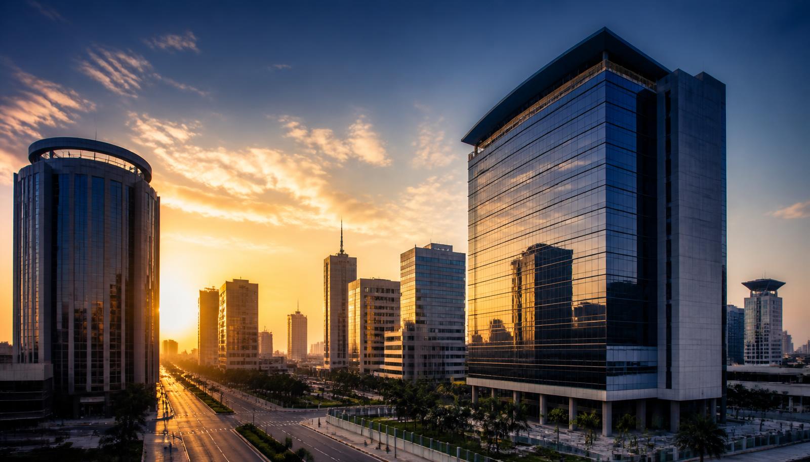 Modern West African central business district office towers at golden hour — illustrative editorial image