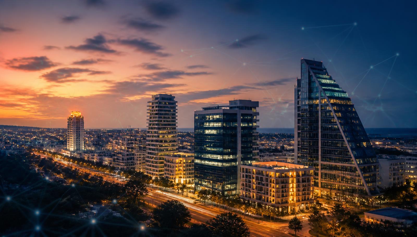 Modern Accra business district at dusk with abstract digital network overlay — illustrative editorial image