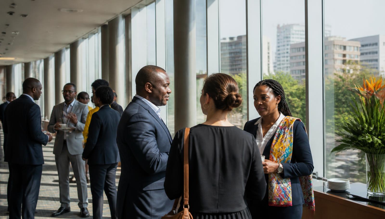 International and Ghanaian business executives networking at a modern conference venue in Accra — illustrative editorial image