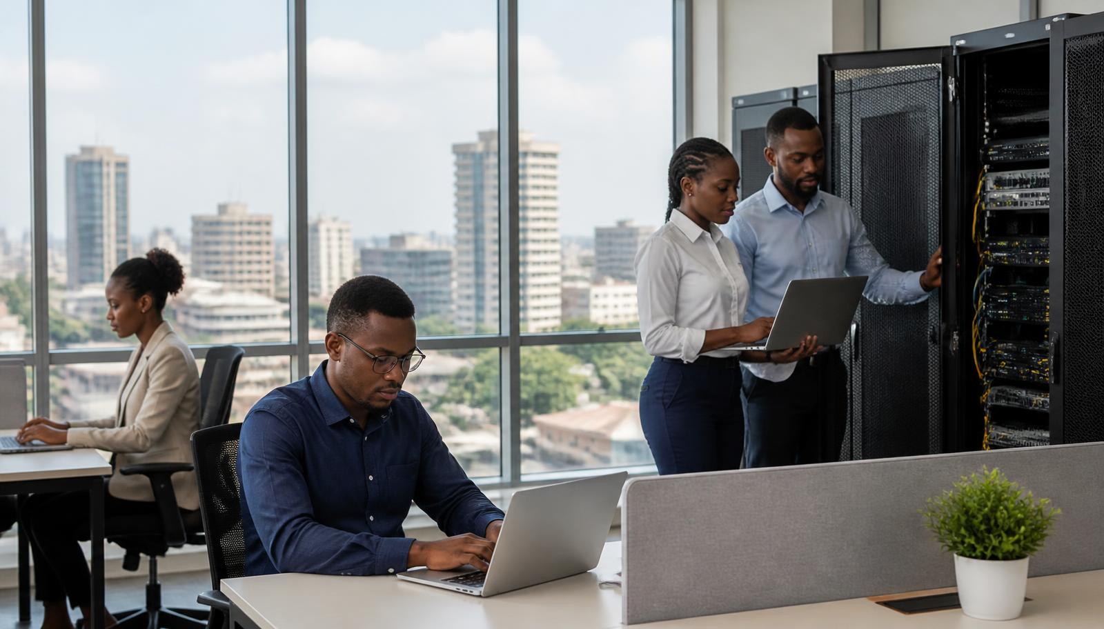 Technology professionals working alongside network infrastructure in a modern Accra office — illustrative editorial image