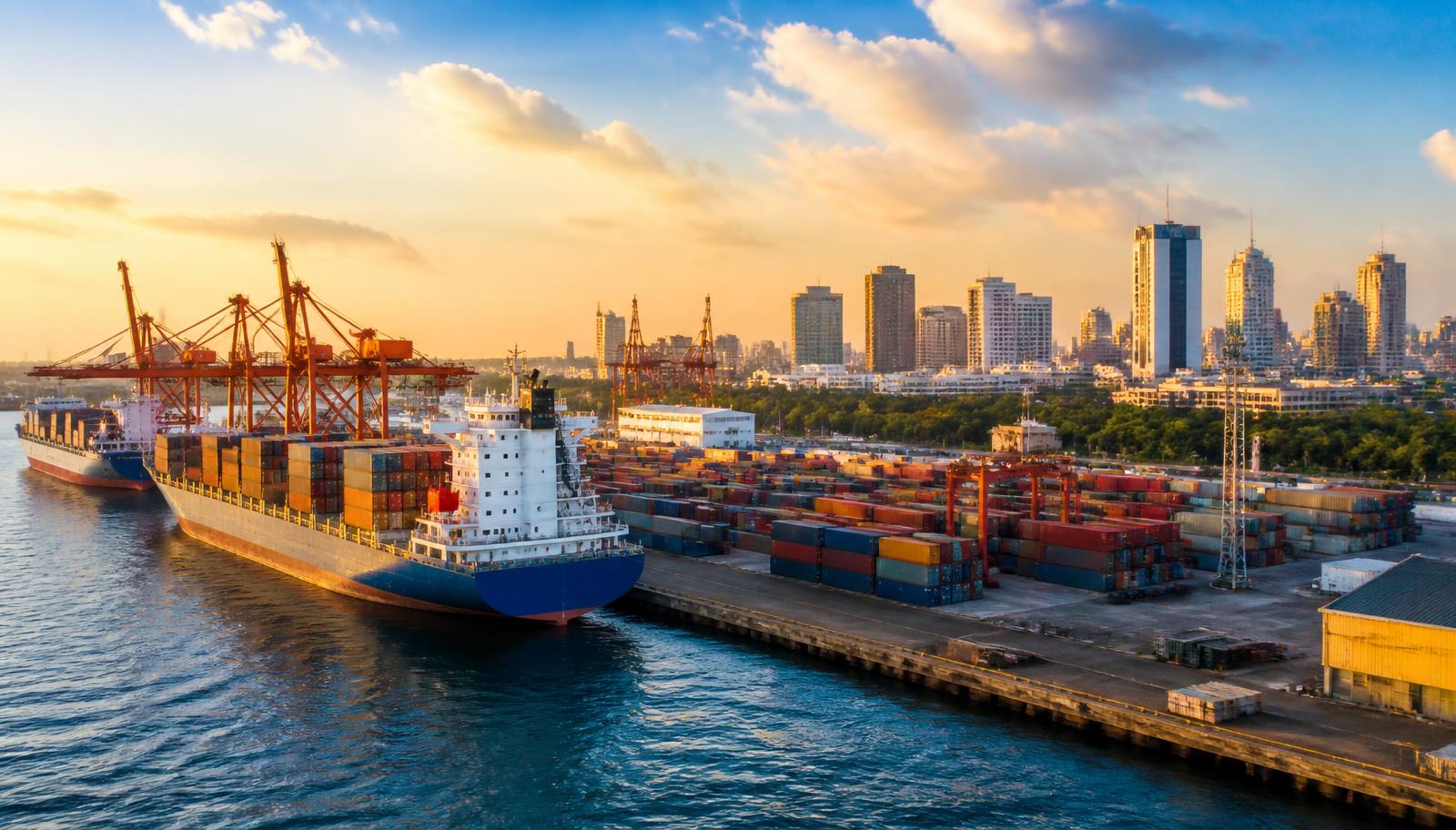 West African coastal container port and city skyline at golden hour — illustrative editorial image